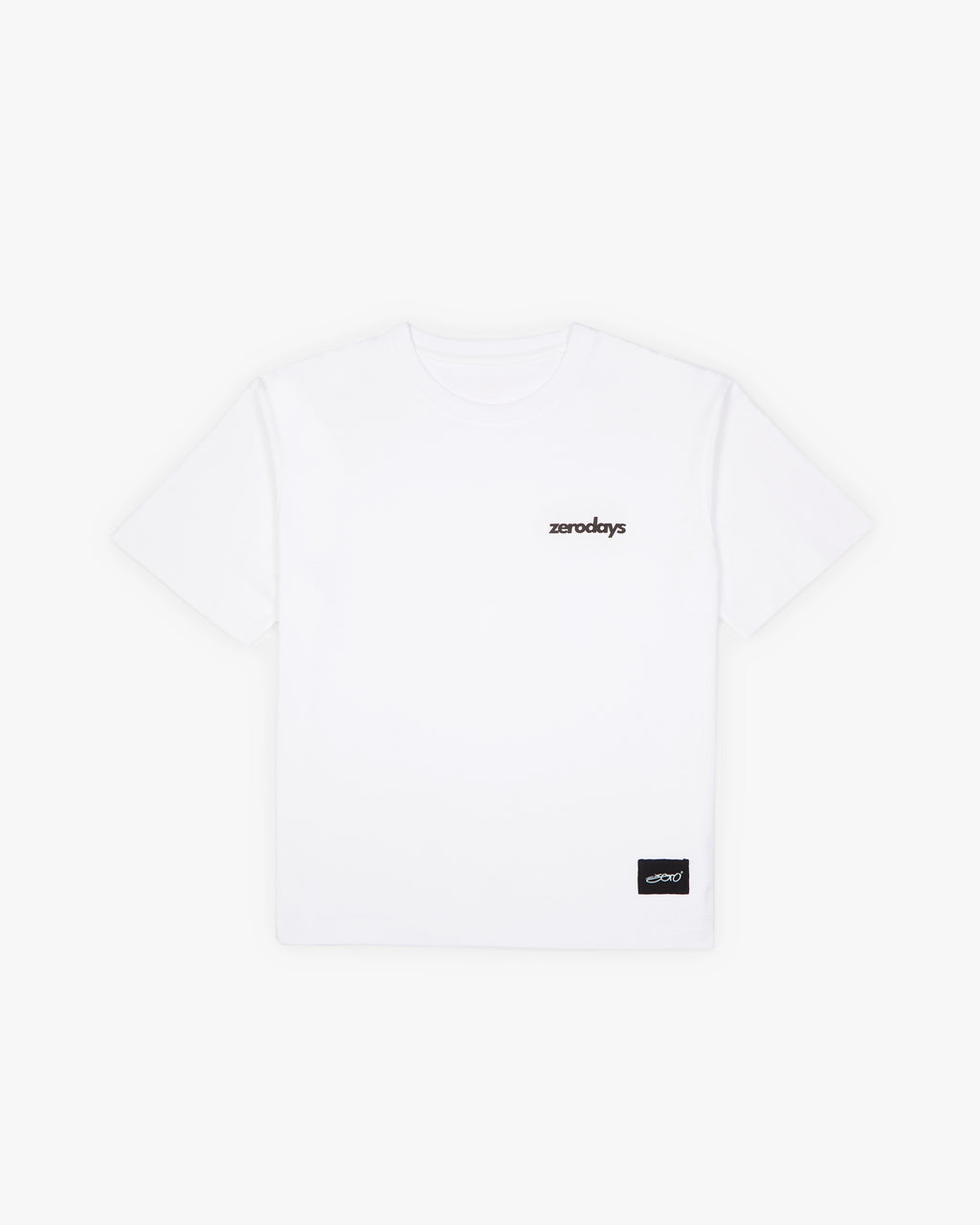 Featuring the flatshot of the white Zerodays t-shirt featurinf the Zerodays logo and the nique Zero tag. 