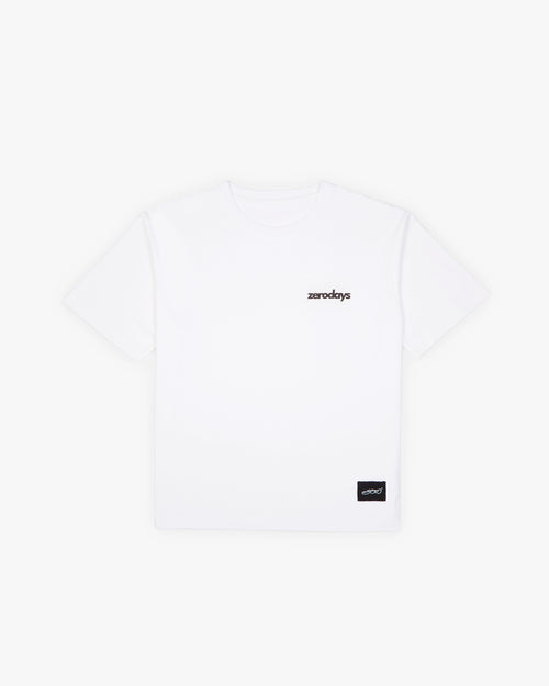 Featuring the flatshot of the white Zerodays t-shirt featurinf the Zerodays logo and the nique Zero tag. 