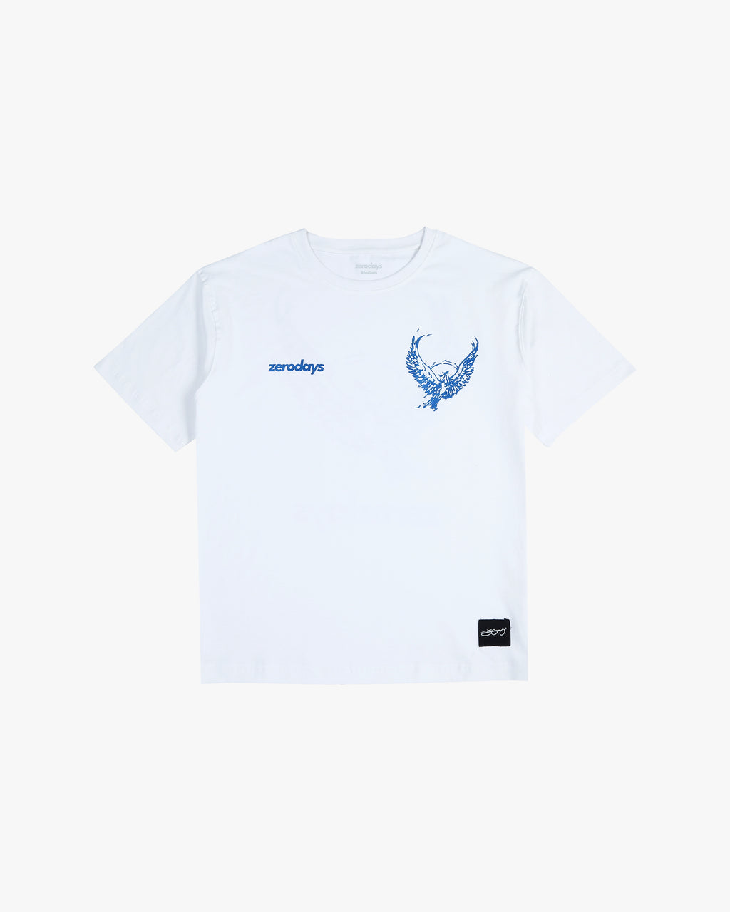 A closeup of the ‘Phoenix White Tee’  from Collection Zero focuses on the Zerodays branding along with the artistic phoenic graphic on the front of the tee shirt along with the unique zero label on the bottom