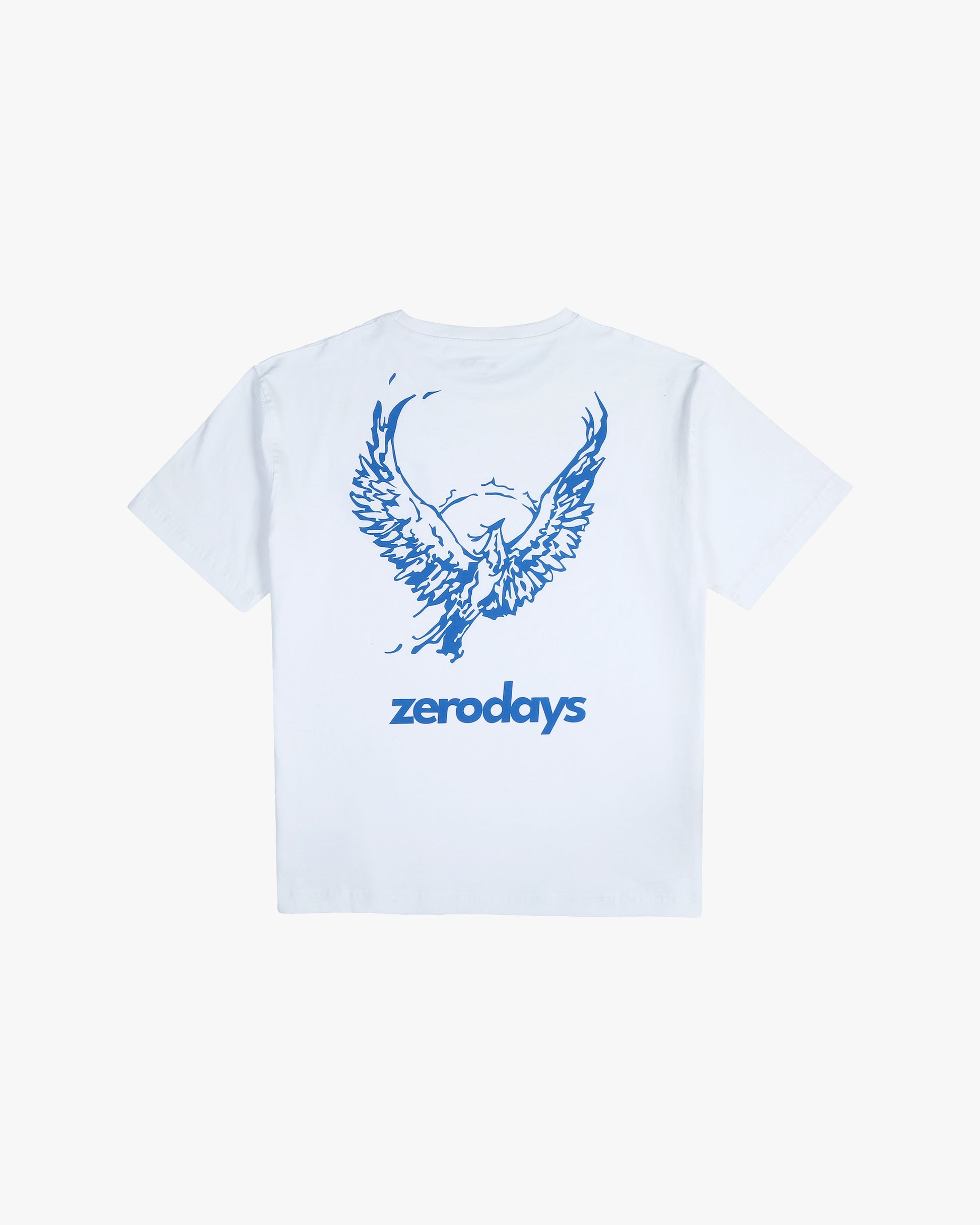 Showcasing the graphic on the back of the Zerodays Phoenix Tee, the flat shot of the white tee showcases the brand's logo and the blue artistic design of the Zerodays tee. It also features the high quality of Zerodays clothing and its boxy fit. 