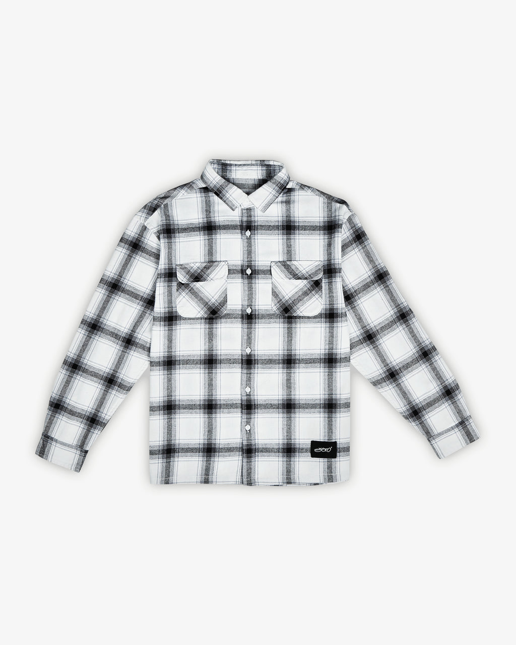 Front flat shot of the Zerodays white essential flannel showcasing the double front pockets and the 'Zero' logo 
