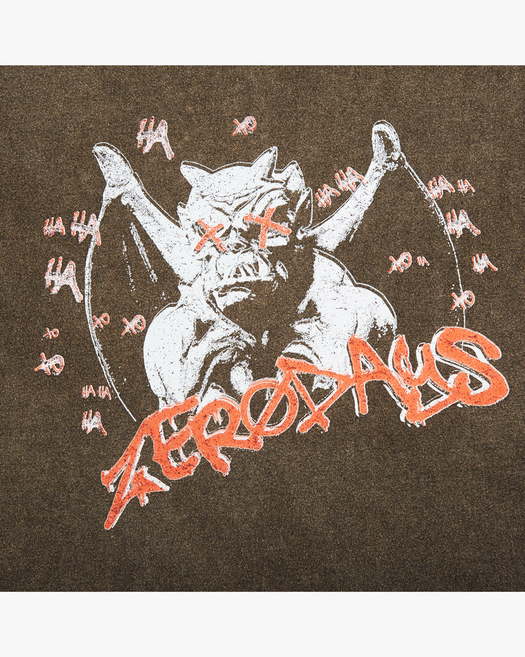 Close up of the Zerodays anarchist tee designed by Ayush Nikam. It features a gargoyle with Zerodays branding in red. 